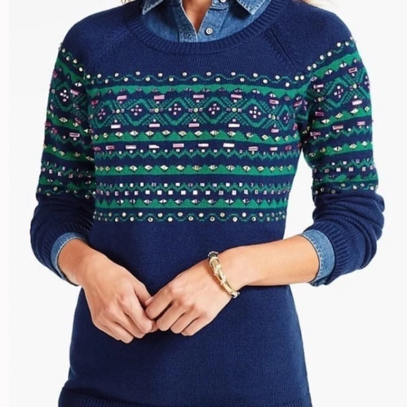 NWOT Talbots Fair Isle Rhinestone lambwool sweater women’s size M Petite - Picture 11 of 11